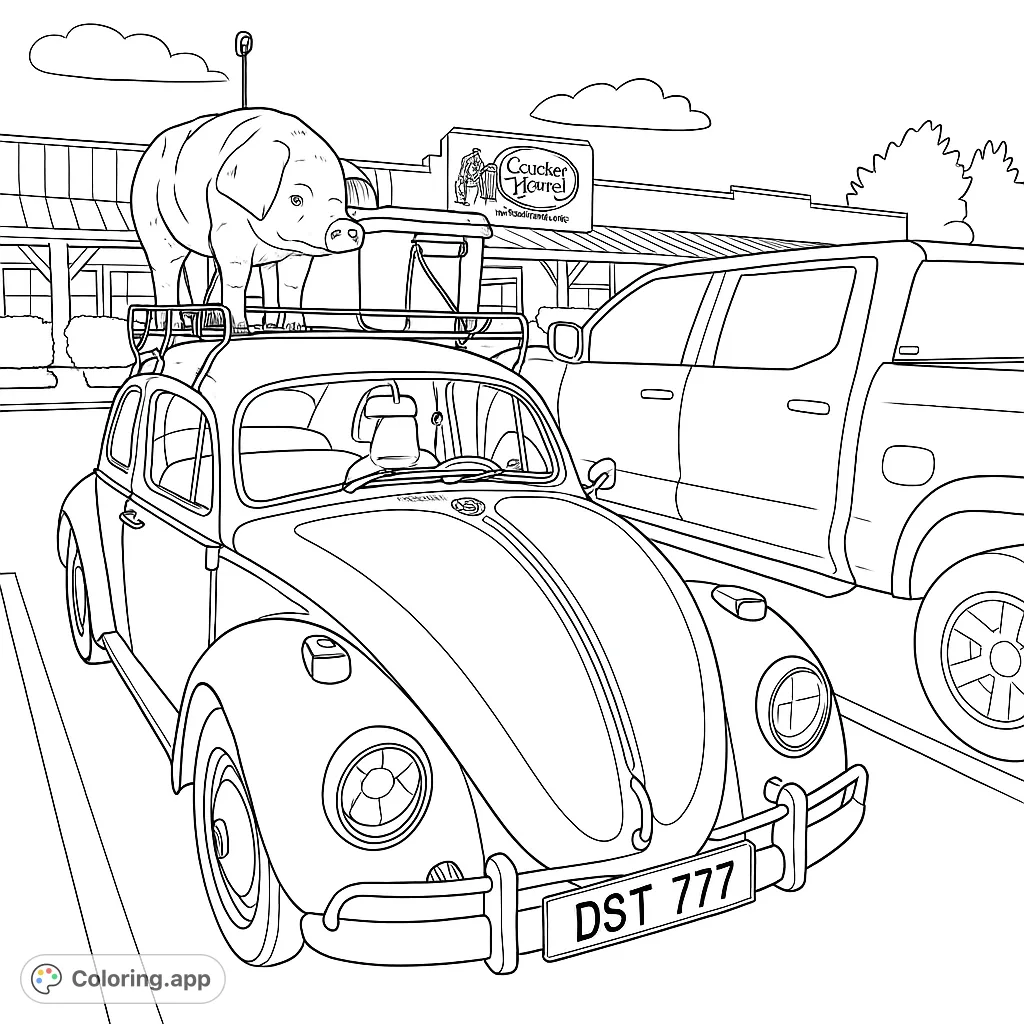 Whimsical classic car with a pig on its roof, parked outside a country store. A fun, unique free printable coloring page for all ages.