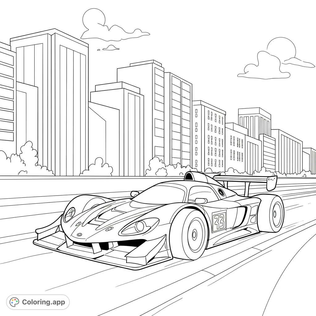 Zoom into action with this race car coloring page! A sleek, modern race car speeds through a city, perfect for speed enthusiasts.