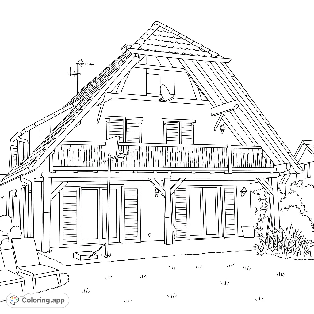 A detailed A-frame house coloring page featuring a balcony, patio, and lush garden. Perfect for exploring architectural details and creating a cozy home scene.