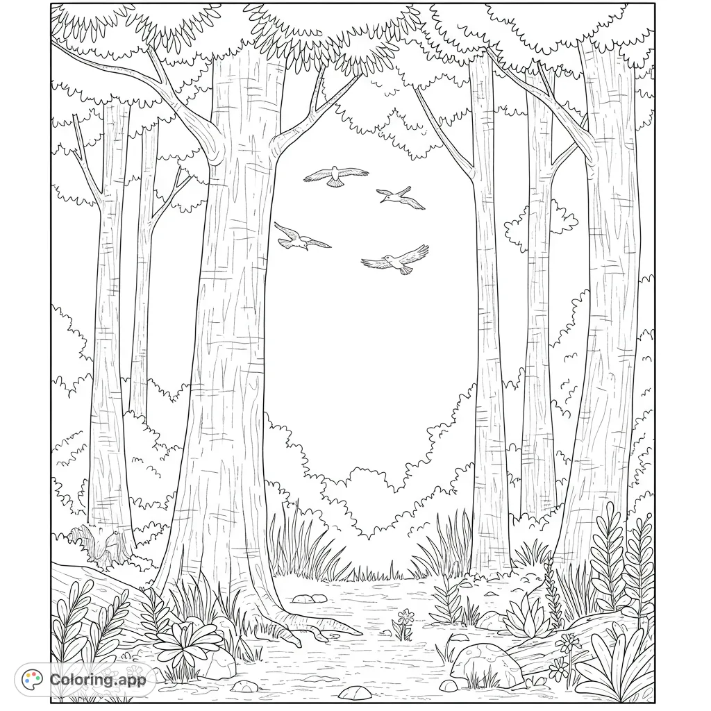 A tranquil forest scene featuring towering trees, a winding stream, and four birds soaring through a sunlit clearing. A peaceful nature escape.