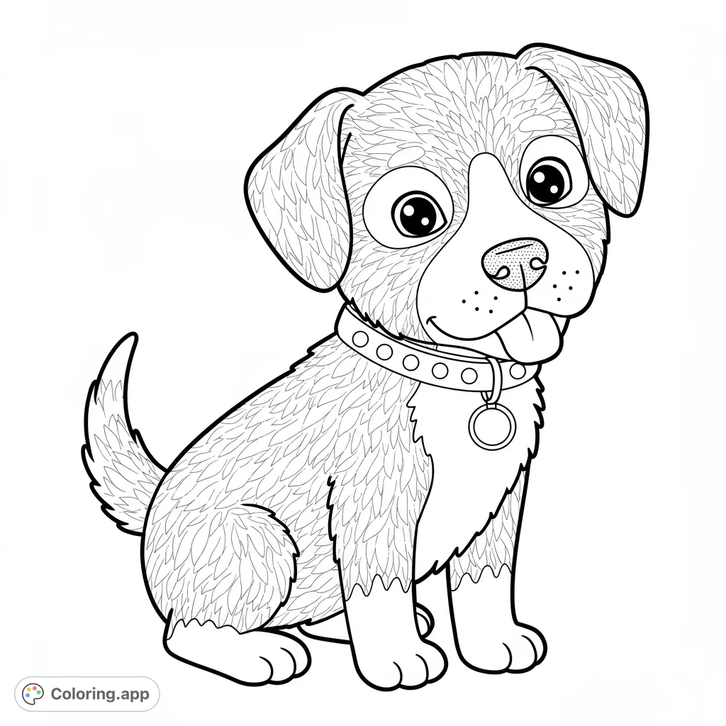 An adorable puppy coloring page featuring a happy, textured-fur puppy with a collar and tag, perfect for a free printable coloring page.