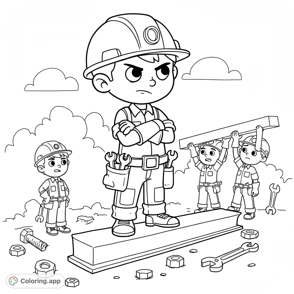 A fun construction crew coloring page featuring a stern foreman and his busy team of little builders, complete with tools and scattered parts.
