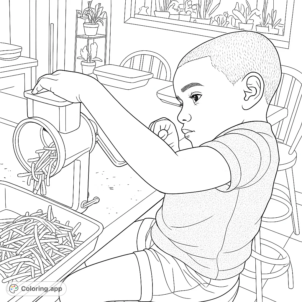 A delightful kitchen fun coloring page featuring a child making fresh fries with a food grinder. Perfect for young chefs and food enthusiasts!