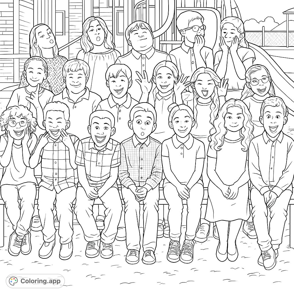 A vibrant group of diverse people, young and old, sharing joyful and funny expressions. Perfect for a community gathering coloring page.