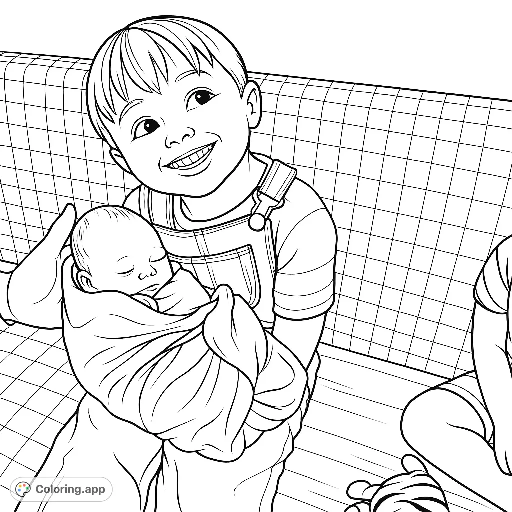 A heartwarming sibling bond coloring page featuring a joyful big brother gently holding his sleeping newborn sibling. Perfect for family themes.