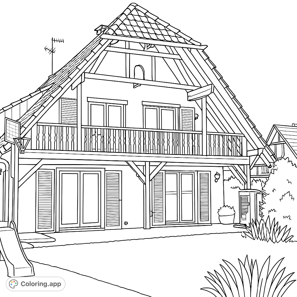 A detailed house coloring page featuring a charming home with a balcony, tiled roof, and a playful yard. Perfect for all ages to color!