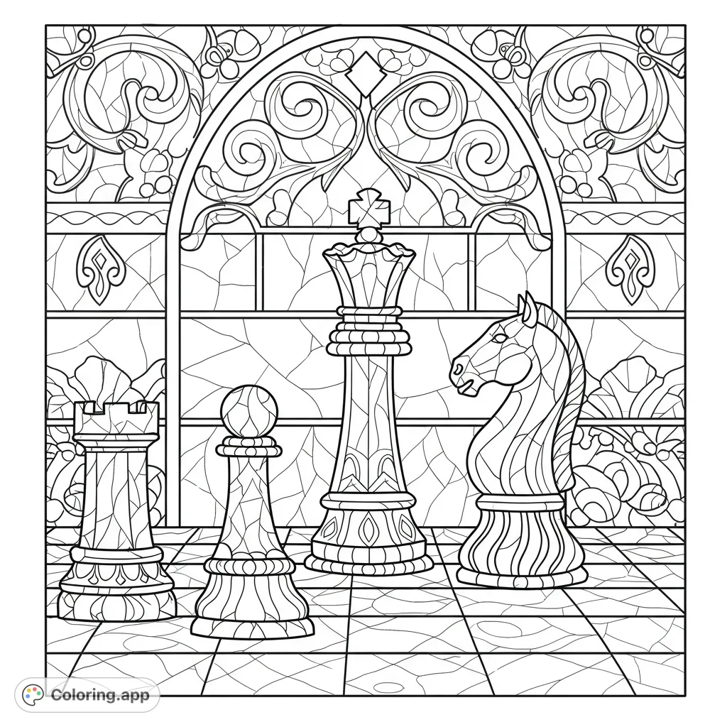 Intricate chess pieces on a checkered board, set against a beautiful stained glass arch. A challenging and rewarding coloring page.