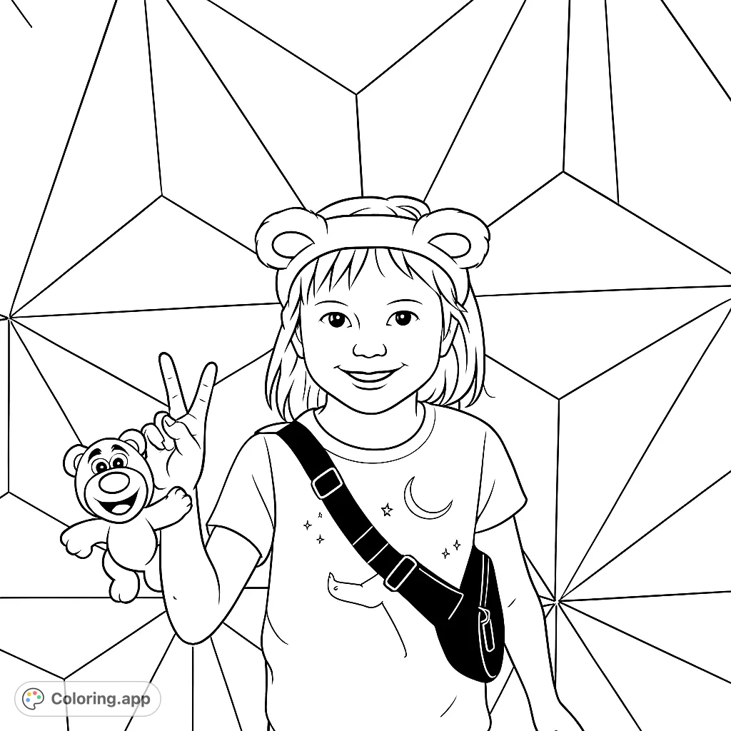 A cheerful girl with bear ears and a teddy bear, making a peace sign against a cool geometric background. A fun, free printable coloring page!