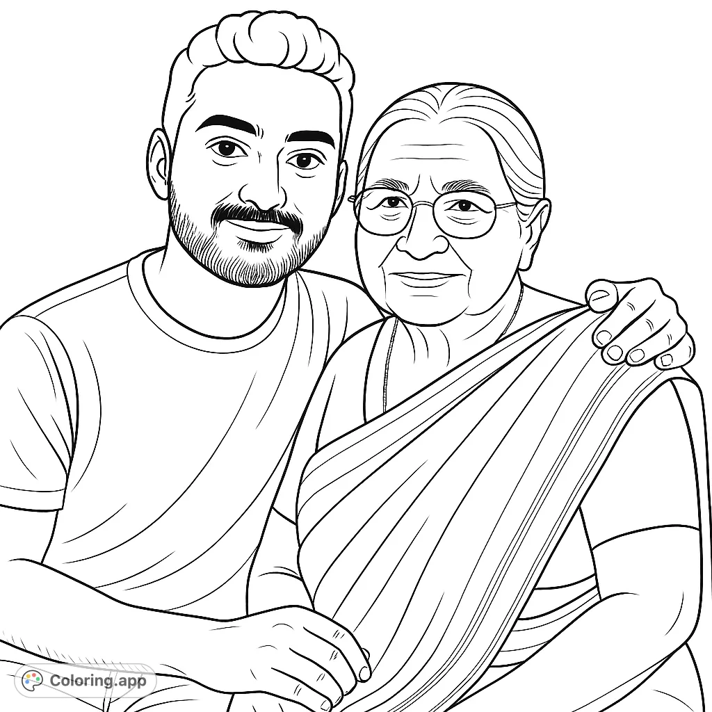 A heartwarming family portrait coloring page featuring a young man embracing an older woman, celebrating intergenerational love and connection.