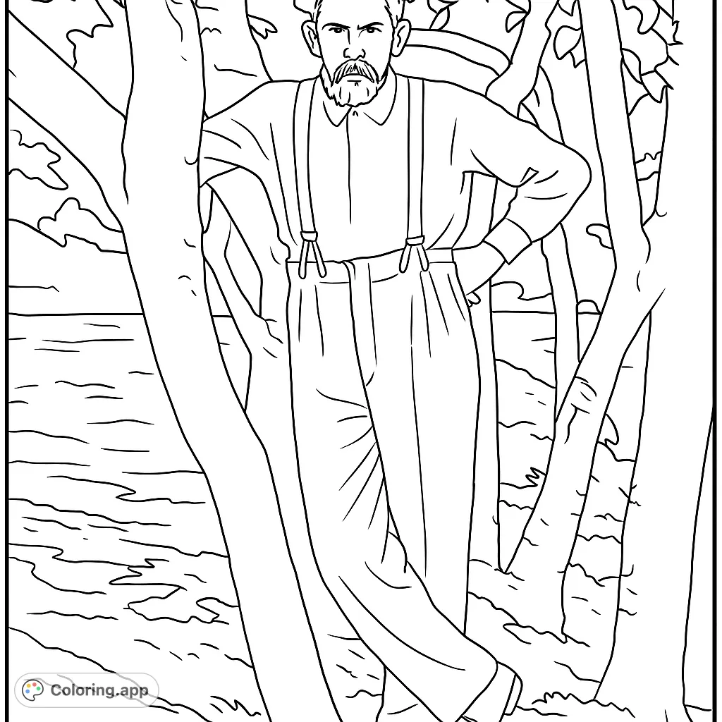 A man in suspenders stands confidently by a lake amidst trees, a classic outdoorsman scene perfect for a free printable coloring page.