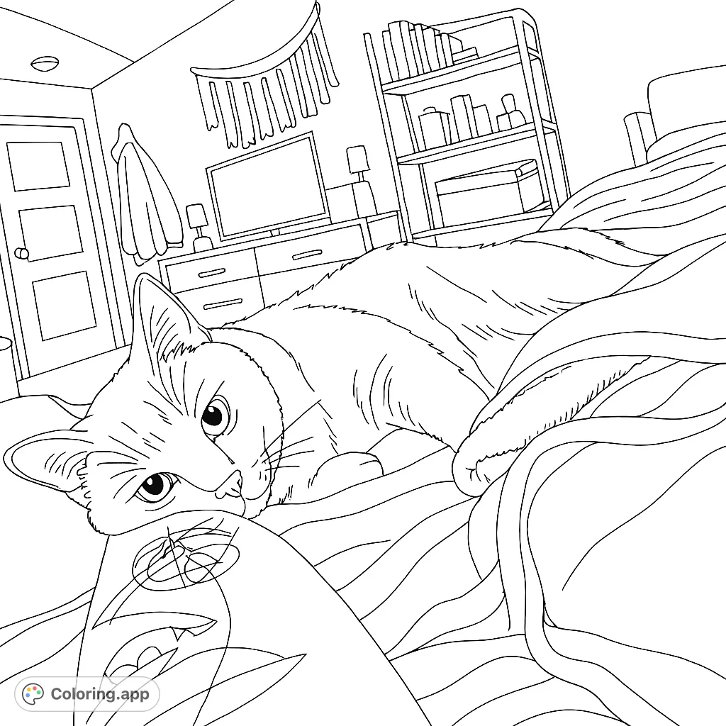 A charming cat relaxes on a rumpled bed in a cozy bedroom scene. Perfect for cat lovers to color and unwind with this free printable cat coloring page.