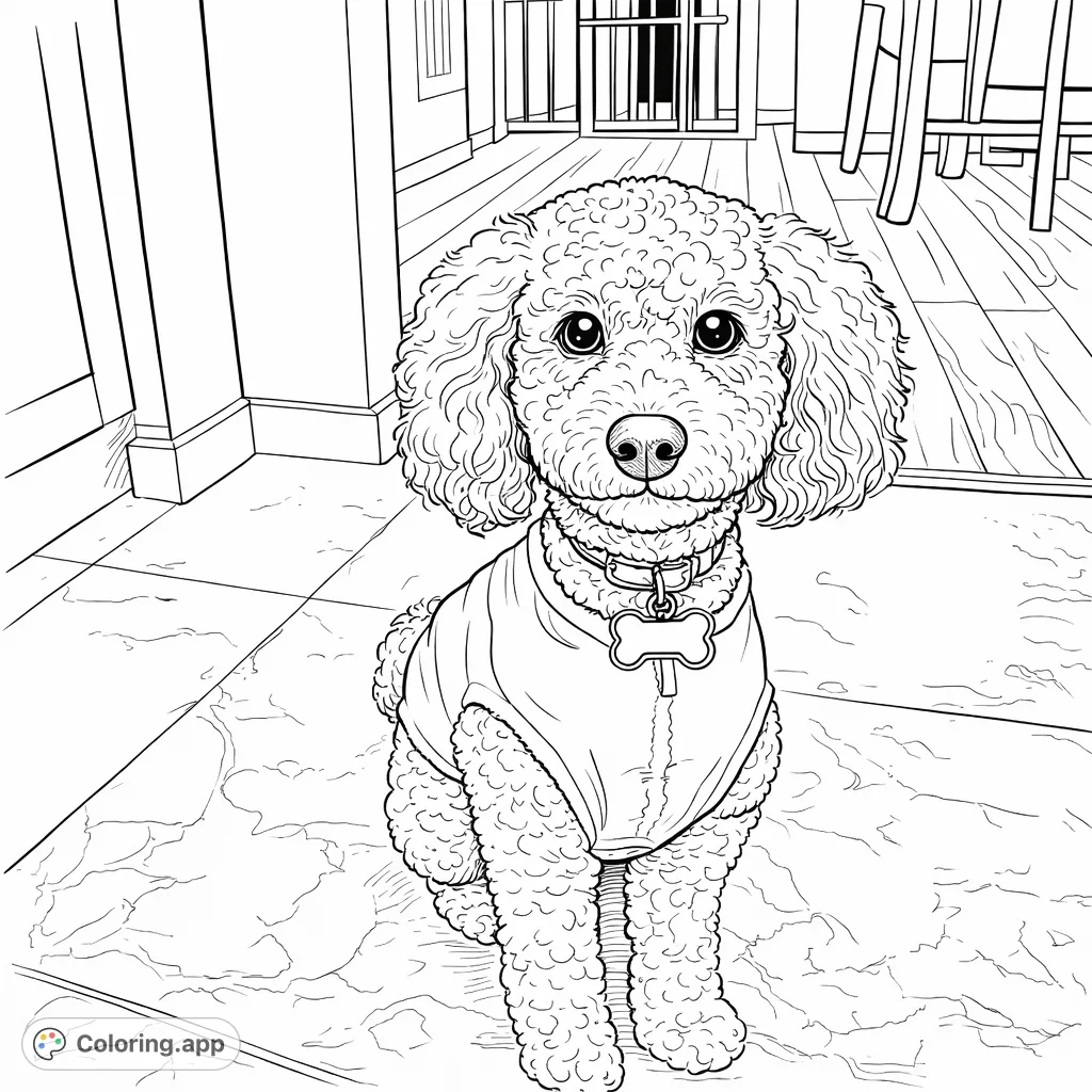 An adorable curly-haired poodle puppy sits patiently, wearing a cozy vest and bone tag. A charming pet coloring page for all dog lovers.