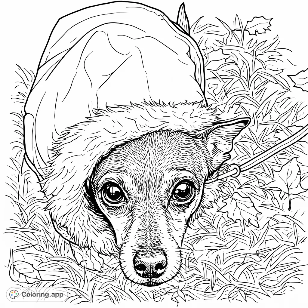 A heartwarming dog coloring page featuring a small, endearing dog in a cozy jacket on a grassy lawn. Perfect for dog lovers of all ages!