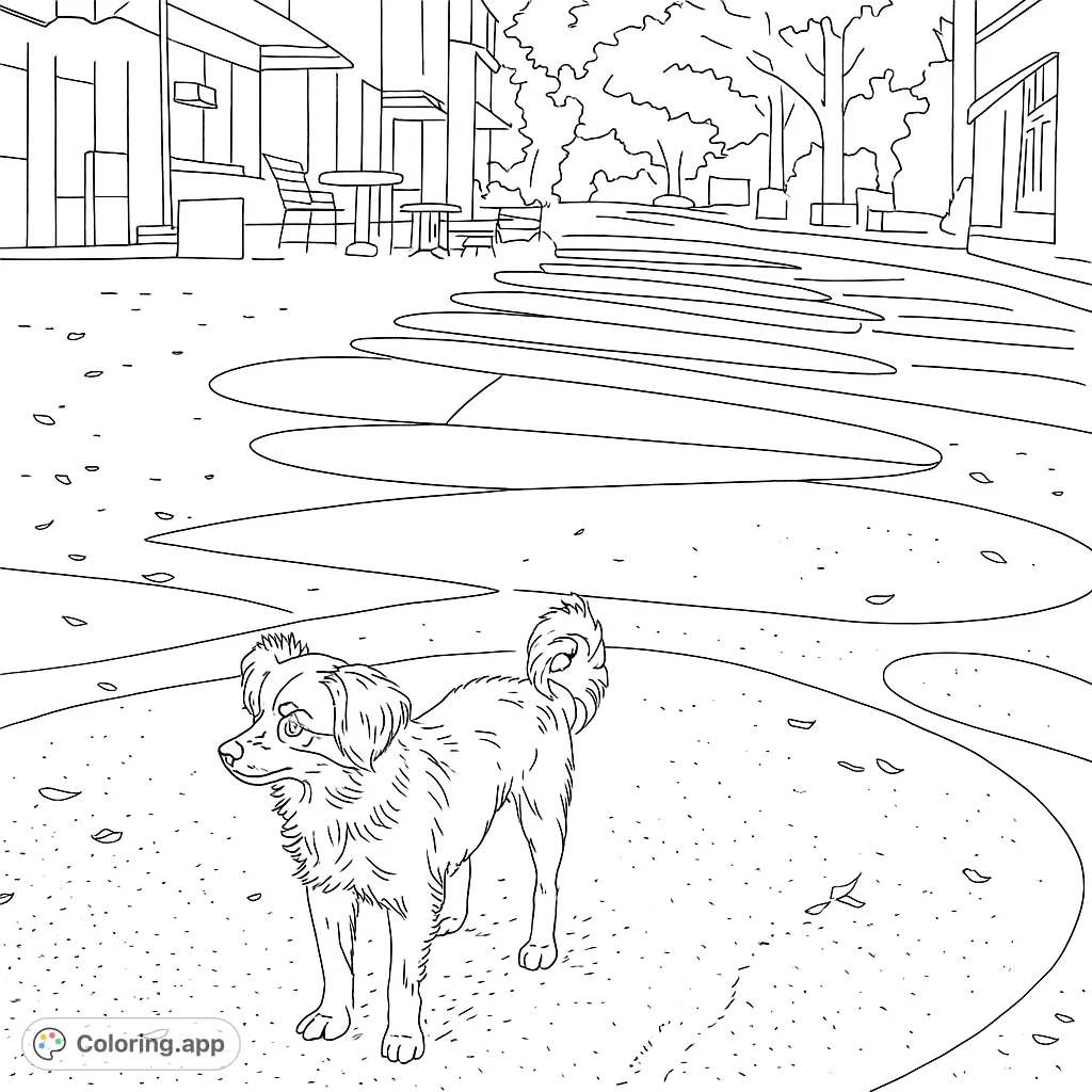 A charming dog stands on a winding path in a park, with buildings and trees in the background. A delightful free printable dog coloring page for all ages!