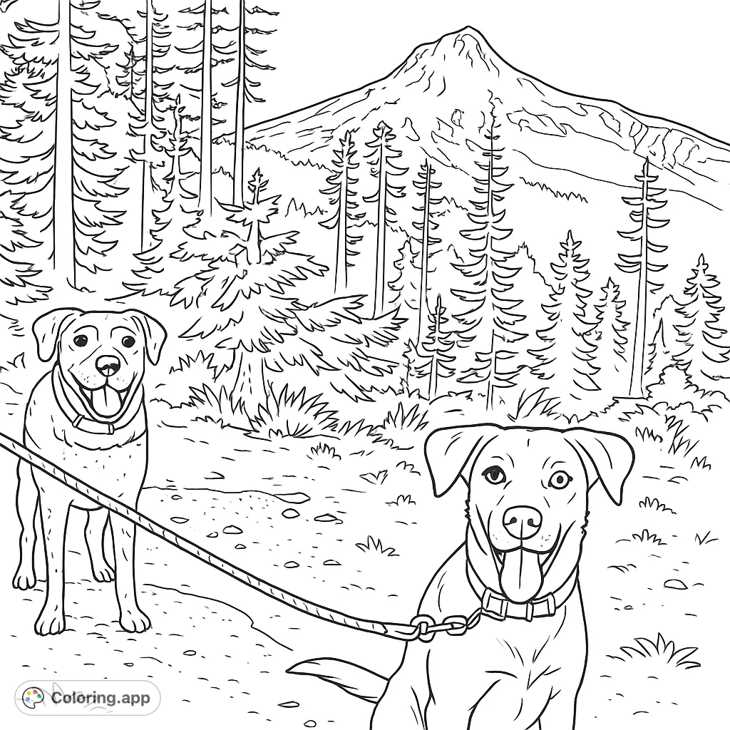 Two happy dogs on a leash explore a scenic mountain trail surrounded by a dense pine forest. A perfect nature coloring page for all ages.