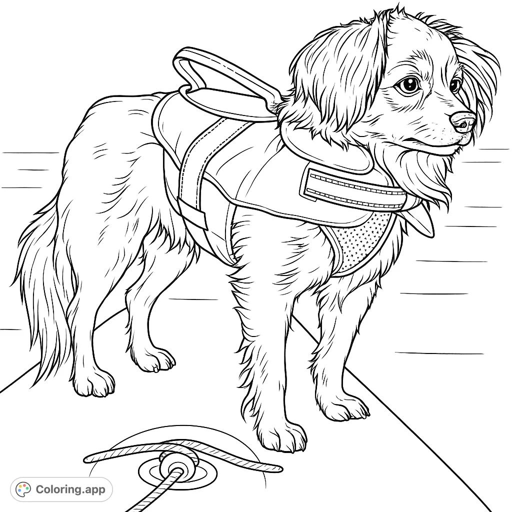 A heartwarming service dog coloring page featuring a loyal canine in a detailed harness, ready to assist. Free printable coloring page for all ages.