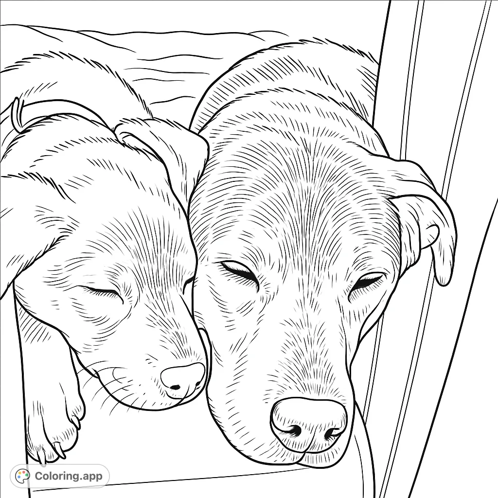 Adorable sleeping dogs, a larger one and a puppy, snuggled together. A heartwarming free printable dog coloring page for all ages.