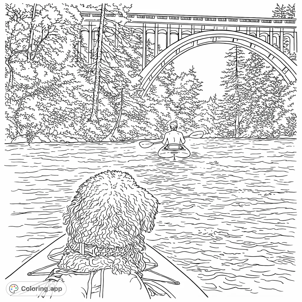 A loyal dog joins a kayaker on a peaceful river adventure, framed by a majestic bridge and lush trees. Enjoy coloring this scenic outdoor escape.