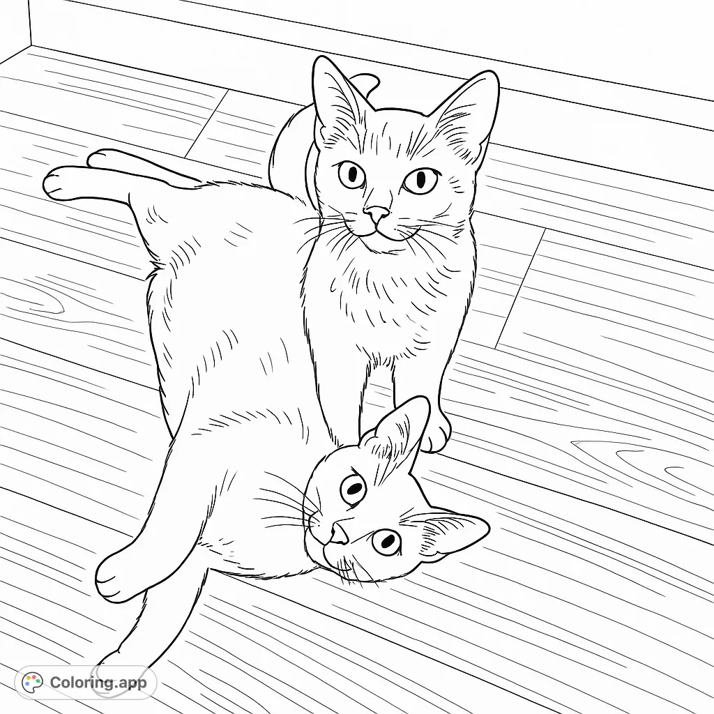 An adorable duo of cats, one standing and one playfully on its back, on a detailed wooden floor. A charming free printable cat coloring page.