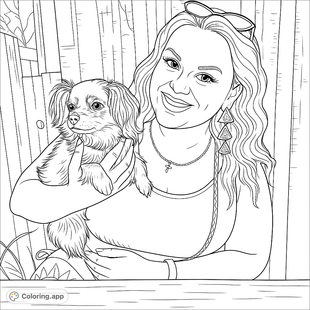 A heartwarming woman and dog coloring page, perfect for pet lovers. Features a smiling woman holding her fluffy companion against a rustic background.