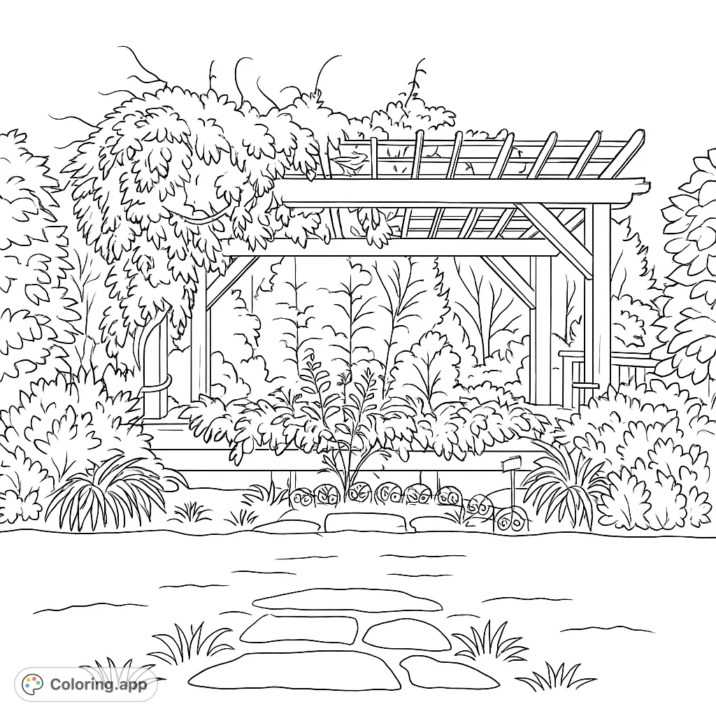 Serene garden pergola coloring page with lush vines, a stone path, and abundant foliage. A free printable nature scene for all ages.