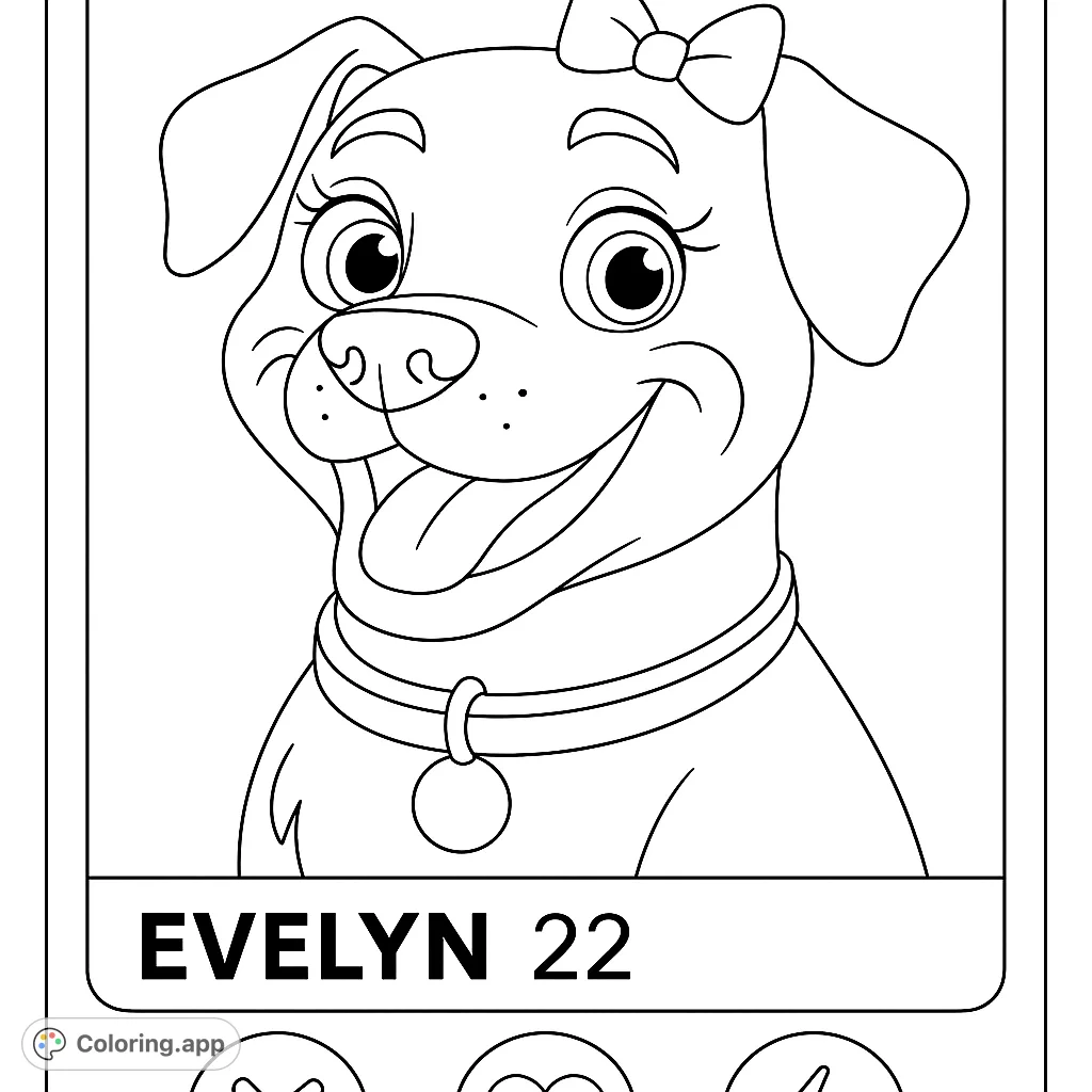 A delightful cartoon puppy with a bow and collar, smiling with its tongue out. A charming free printable dog coloring page for kids and adults.