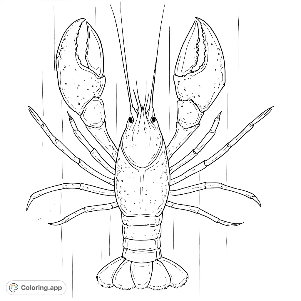 A detailed black and white line drawing of a majestic lobster, perfect for a free printable ocean creature coloring page.