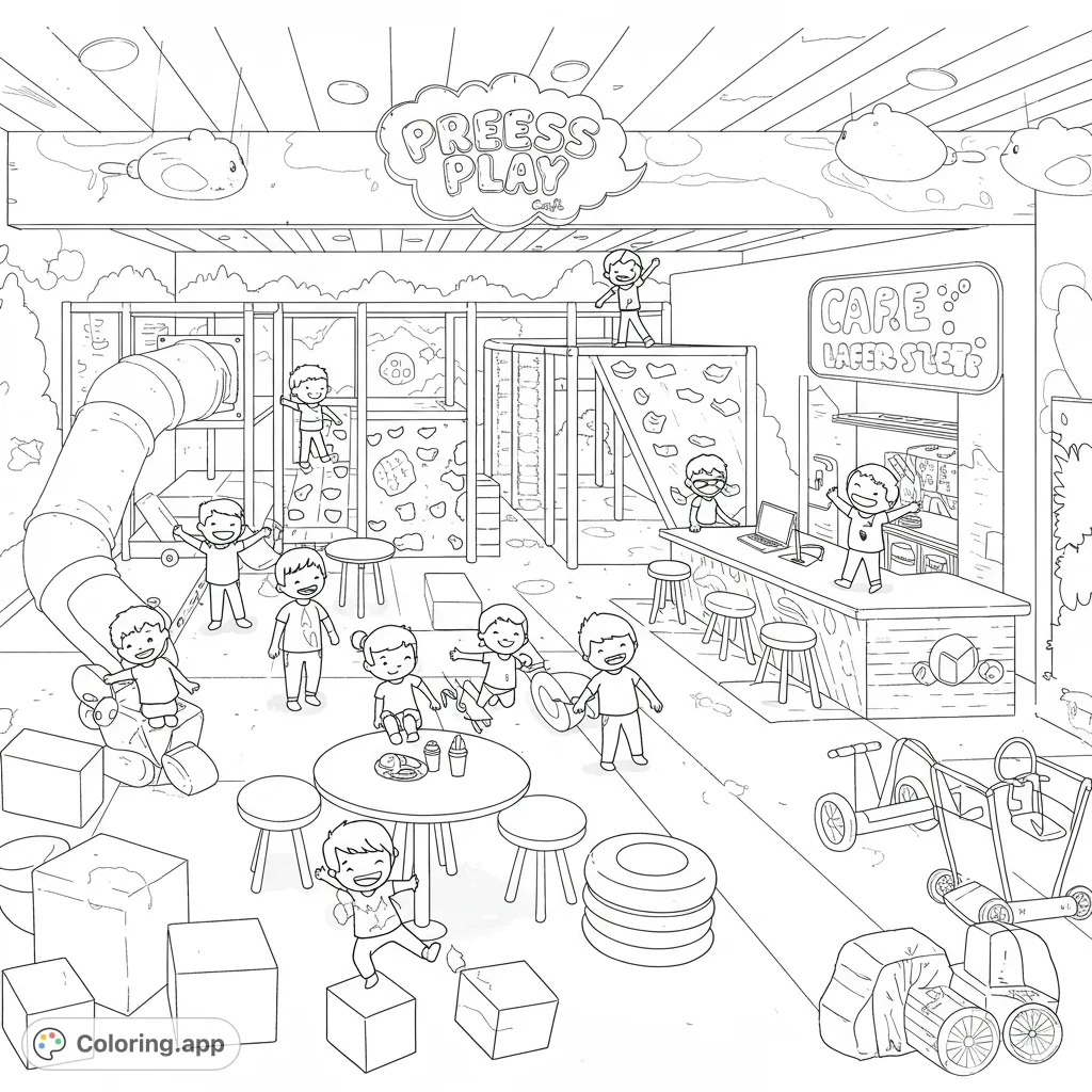 A vibrant indoor playground scene with happy children playing on slides, climbing walls, and soft blocks. A fun, free printable indoor playground coloring page.
