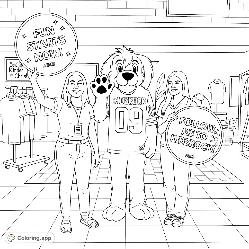 A fun Kidzrock event scene featuring a friendly dog mascot and two welcoming team members holding signs, perfect for a free printable coloring page.