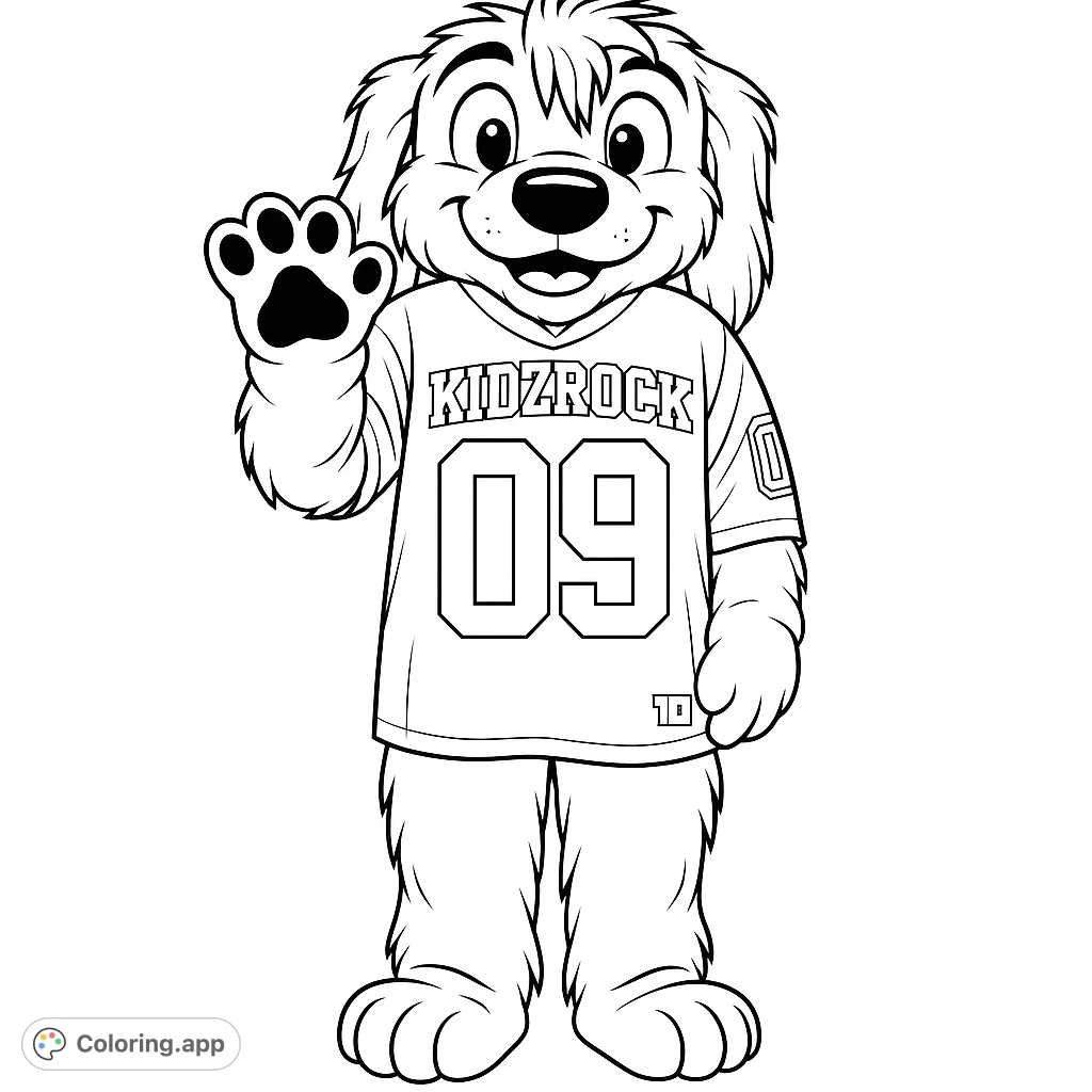 A cheerful puppy mascot in a jersey waves hello, ready for vibrant colors. A fun, free printable dog coloring page for kids!
