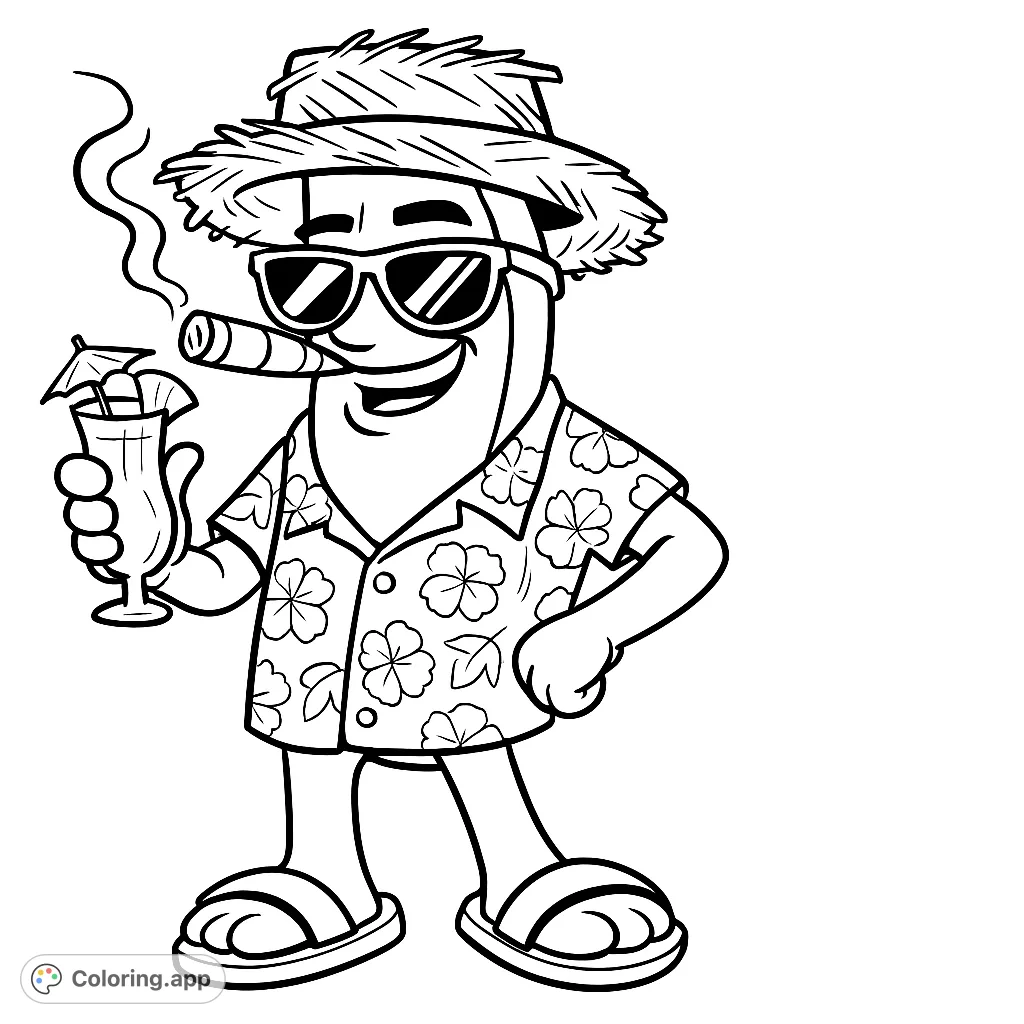 A cheerful cartoon character in a straw hat, sunglasses, and Hawaiian shirt enjoys a tropical drink and cigar. Perfect for a fun, relaxing coloring escape!