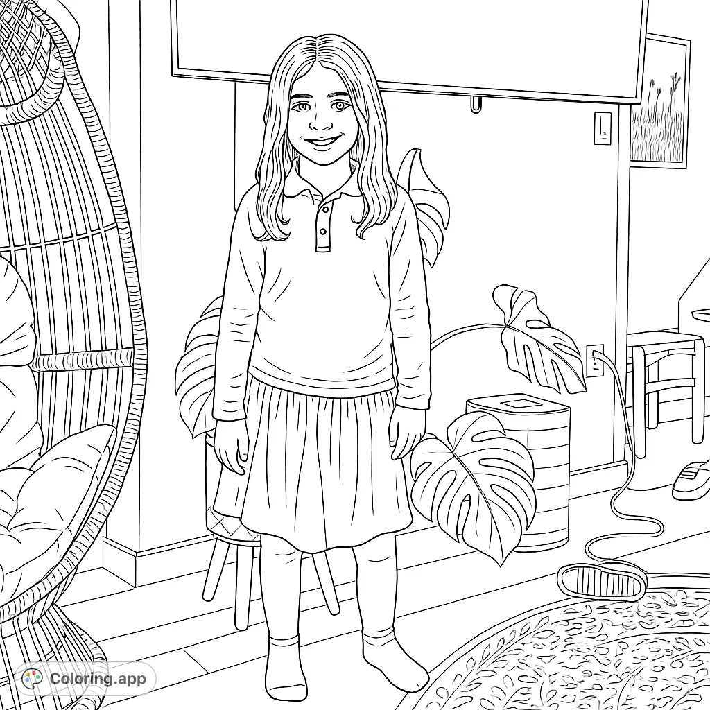 A charming girl smiles in a cozy living room, surrounded by lush Monstera plants and inviting home decor. A delightful scene for kids and adults.