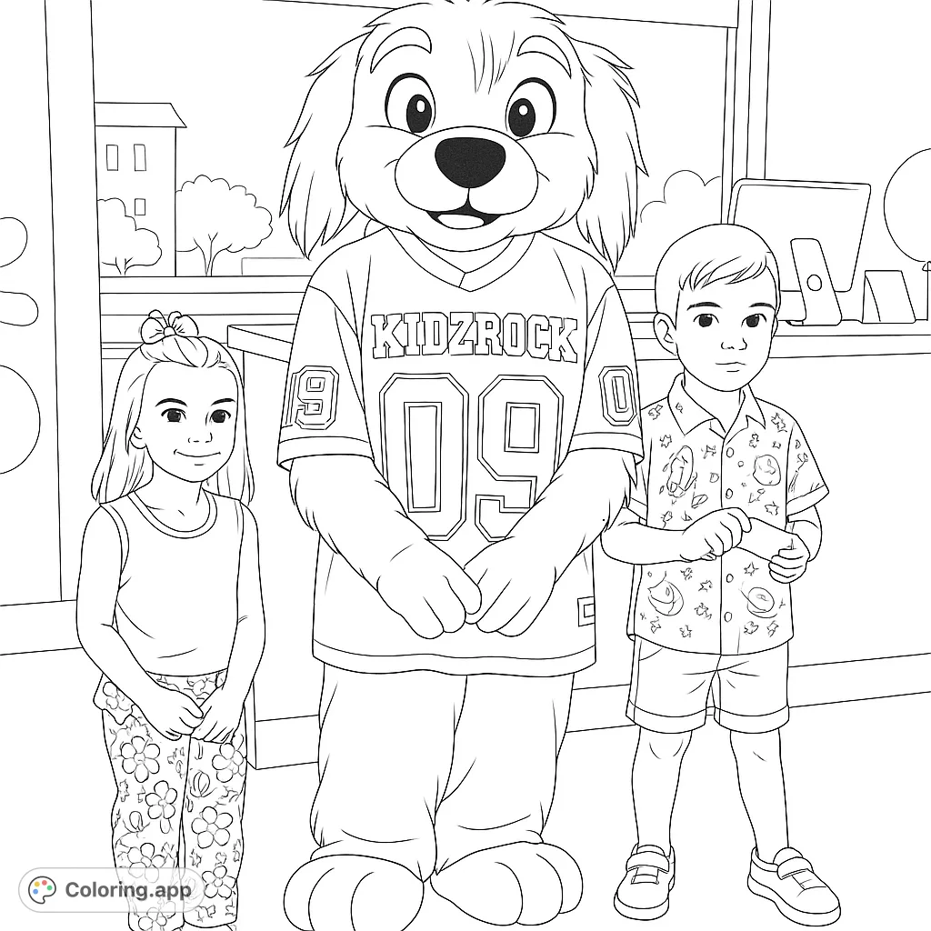 A cheerful dog mascot in a jersey stands with two happy children, ready for a fun coloring adventure. Perfect for kids and fans of friendly characters!