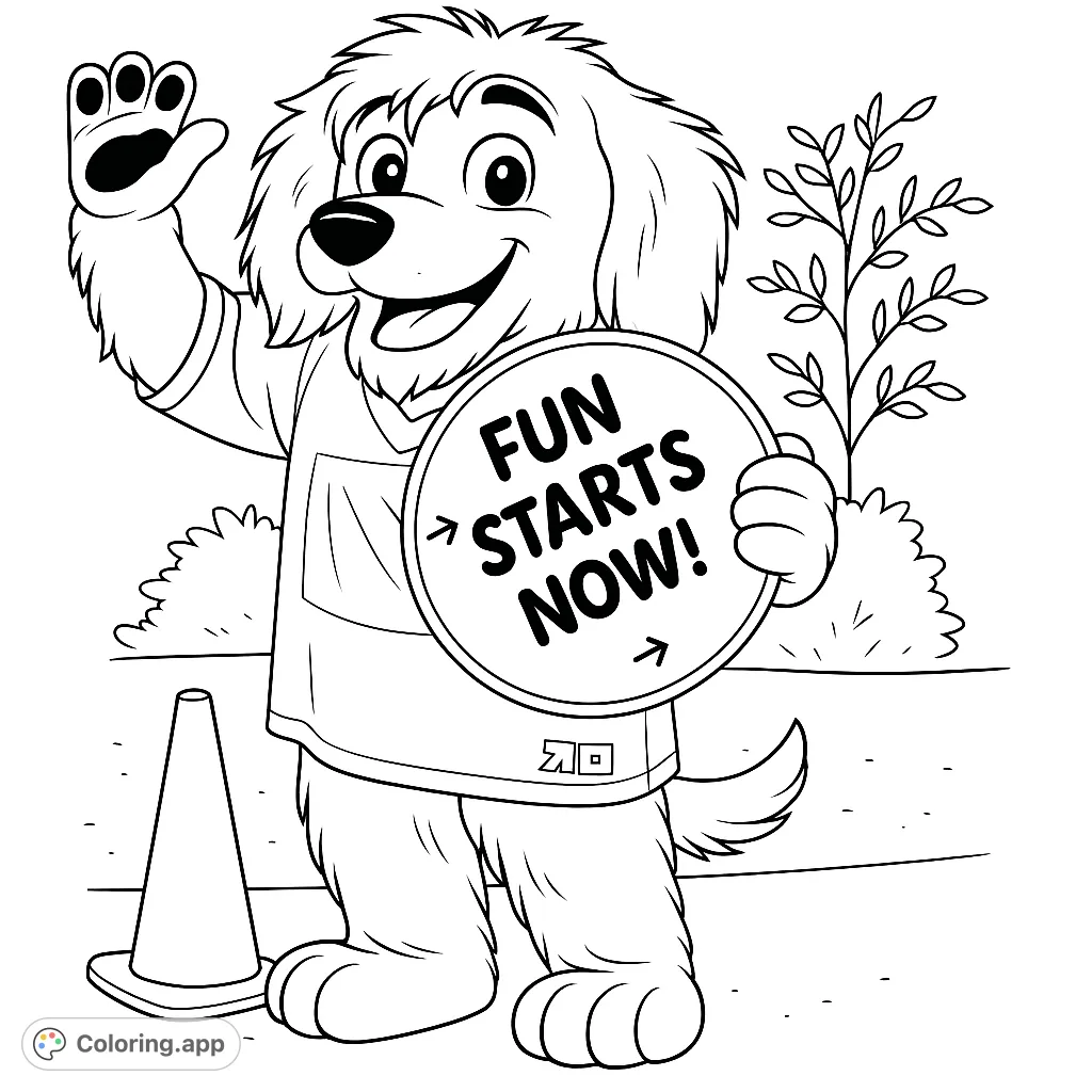 A cheerful cartoon dog waves, holding a blank sign, ready for fun. A free printable friendly dog coloring page for kids and adults.