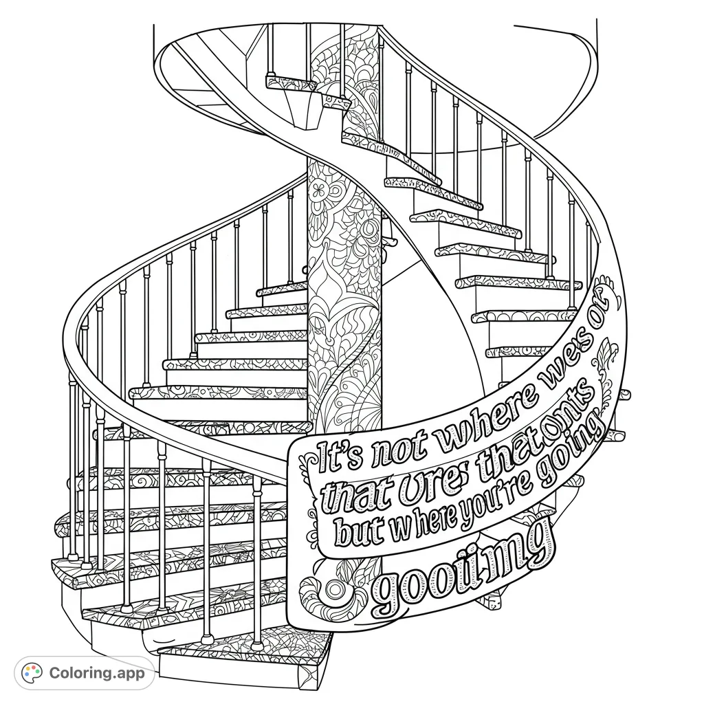 Discover an intricate spiral staircase coloring page, featuring detailed patterns on steps and a central column, perfect for mindful coloring.