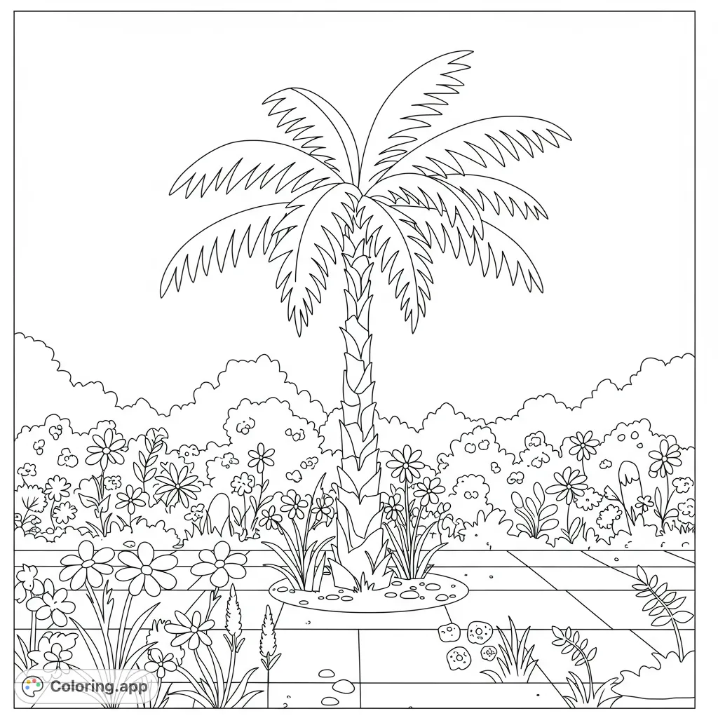 A beautiful tropical garden scene featuring a majestic palm tree, lush flowers, and a paved path. Perfect for a relaxing coloring experience.