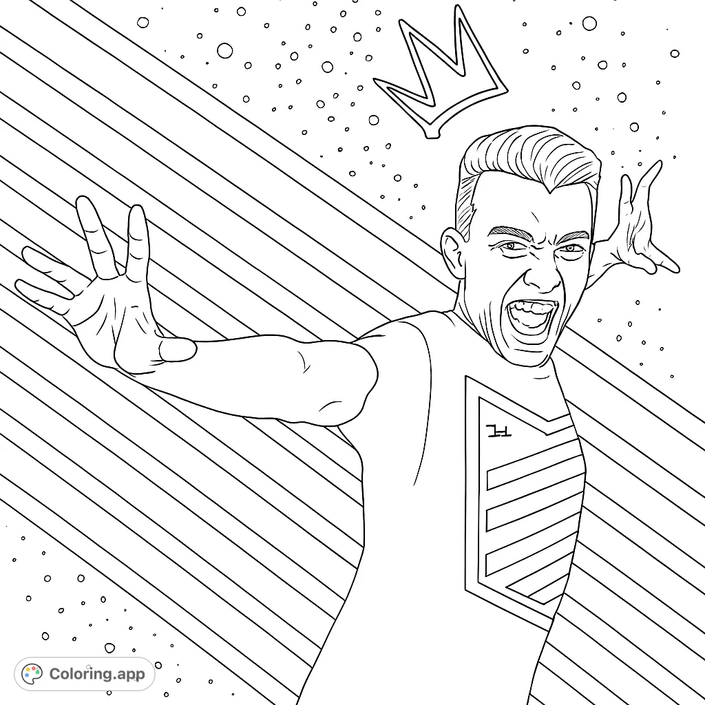 Dynamic man with a crown, expressive pose, and geometric background. A fun, free printable coloring page for all ages.