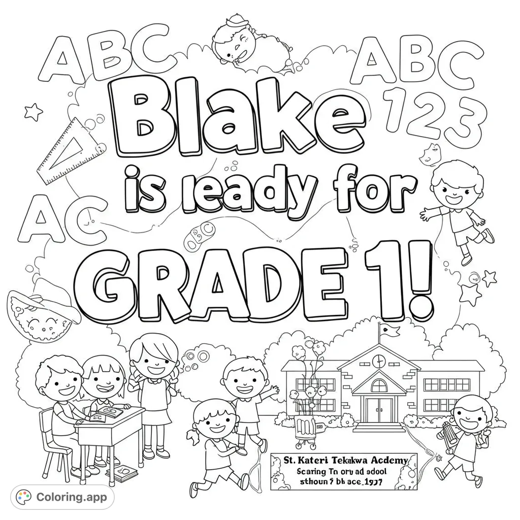 Celebrate school readiness with this fun coloring page featuring happy kids, a school, and educational elements. Perfect for young learners!