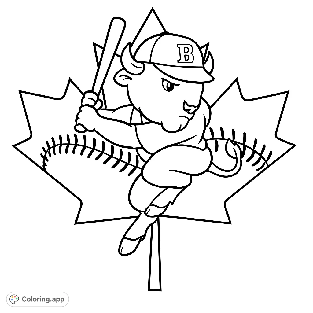 Dynamic baseball bull mascot swinging a bat, set against a maple leaf with baseball stitching. A fun, free printable sports coloring page.
