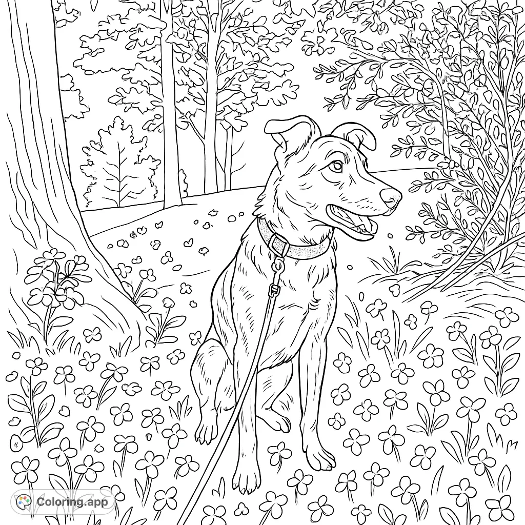 A charming dog sits happily amidst a field of wildflowers, ready for a colorful adventure. Perfect free printable dog coloring page for all ages!