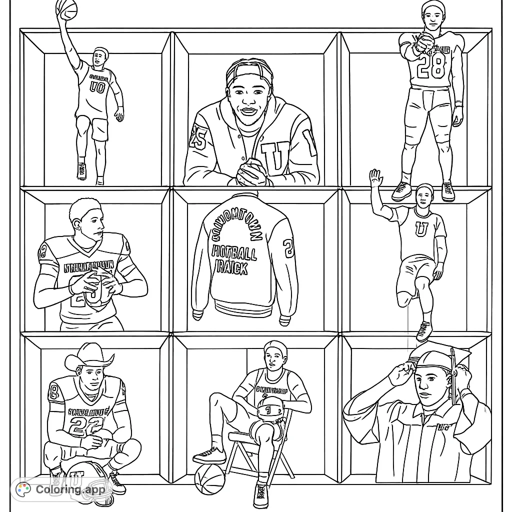 Dynamic sports and academic achievements coloring page featuring athletes, a letterman jacket, and a graduate, all within a nine-panel grid.