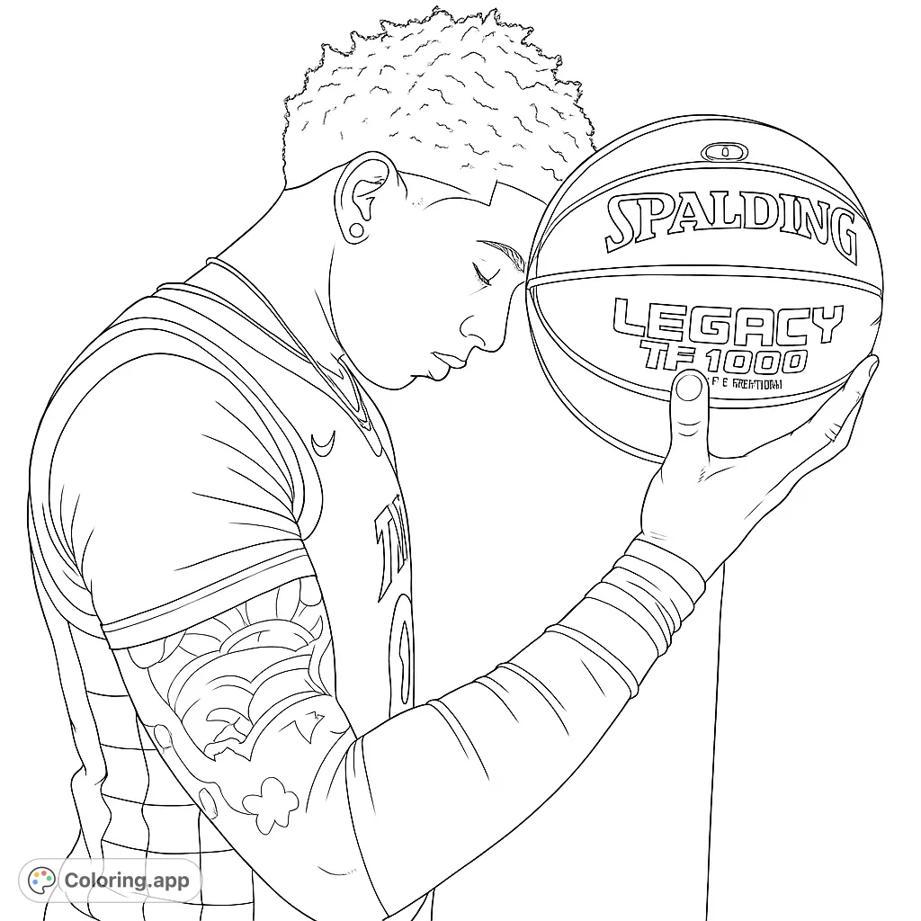 A contemplative basketball player rests his head on a Spalding ball, featuring a detailed jersey and arm tattoo. Perfect for sports fans.