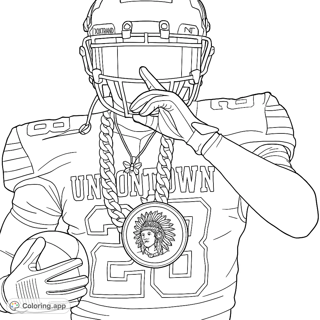 Dynamic football player coloring page featuring a helmeted athlete with a bold chain, medallion, and football. A free printable sports coloring page.