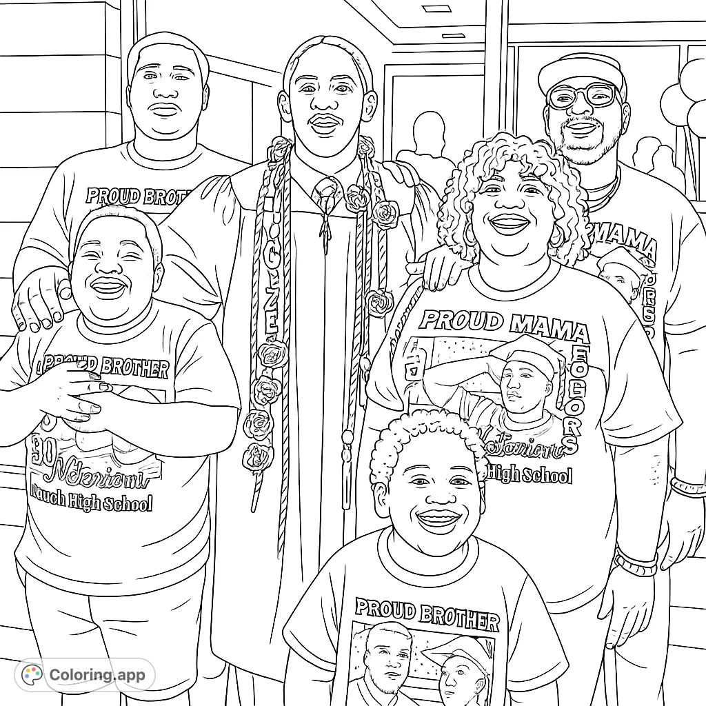Celebrate a special milestone with this joyful graduation family coloring page. Features a graduate with leis and proud family members.
