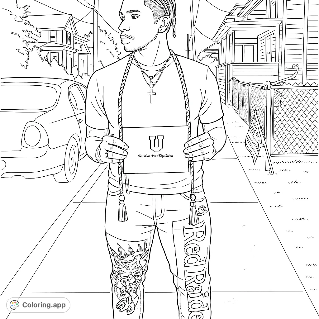 Celebrate achievement with this graduation coloring page. A proud graduate holds a diploma, perfect for free printable coloring pages for all ages.