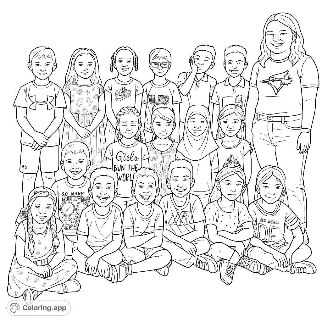 A heartwarming diverse group coloring page featuring smiling children and a teacher, perfect for celebrating community and learning. Free printable coloring page for all ages.