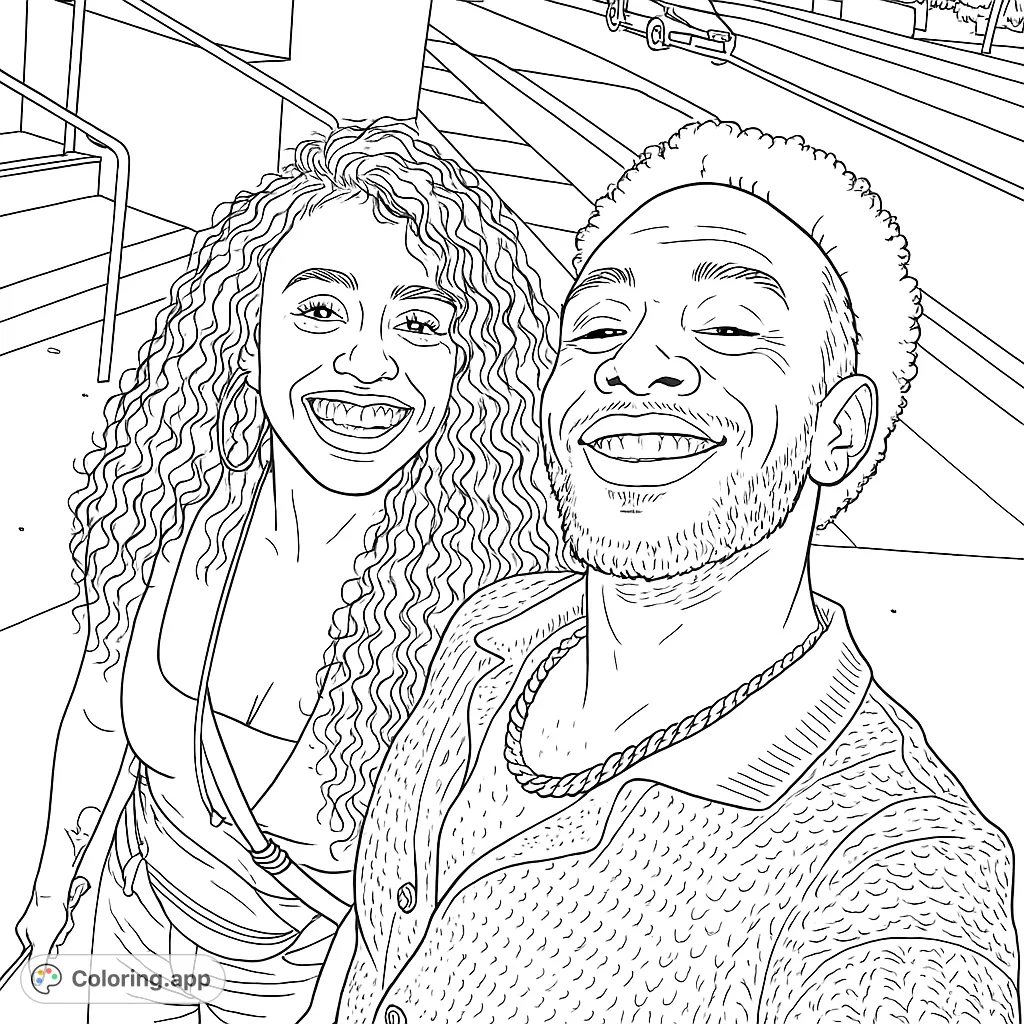 Capture joy with this urban selfie coloring page featuring a happy couple. Perfect for personalizing expressions and city vibes, a free printable coloring page.