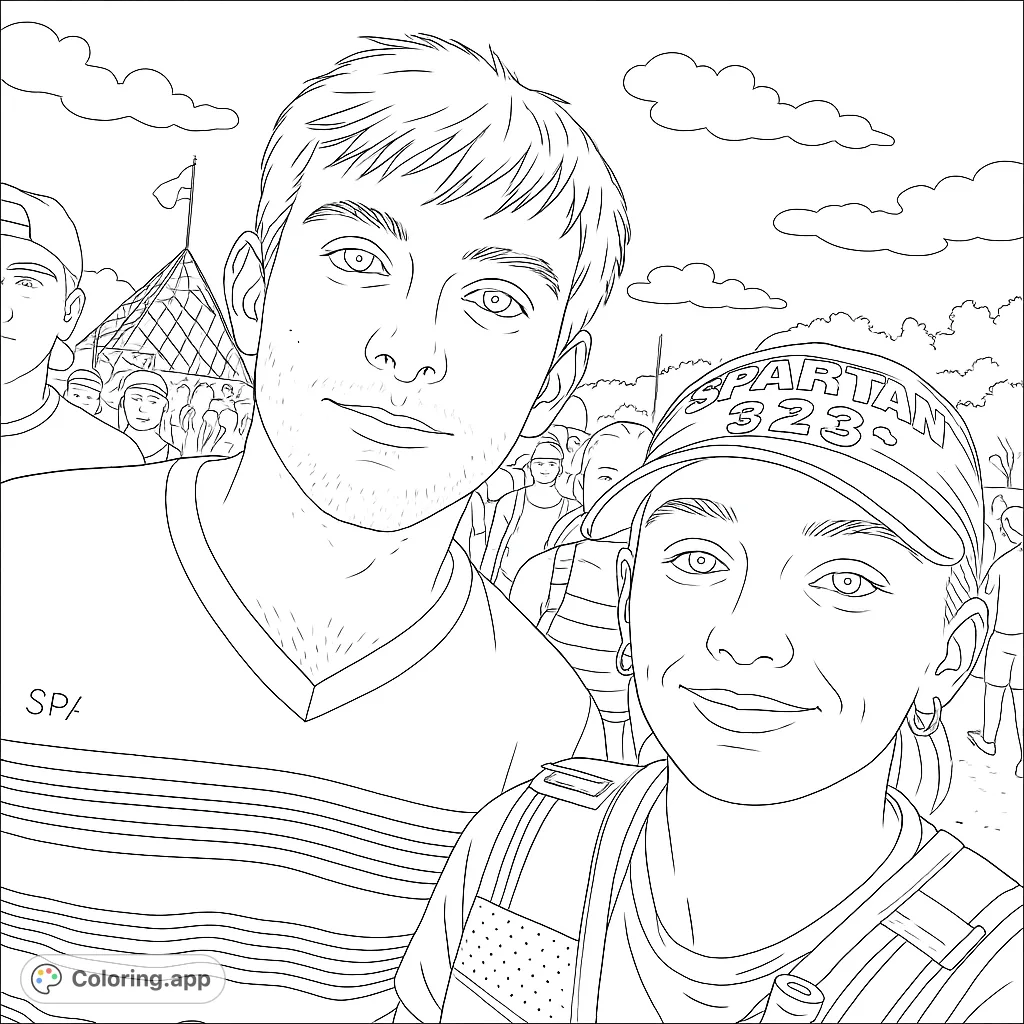 Capture the energy of race day with this athletic duo portrait. A free printable Spartan Race coloring page for kids and adults.