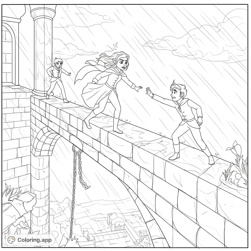 An intense fantasy scene on a stone bridge in the rain, featuring three characters in a dramatic moment. Perfect for adventure lovers!