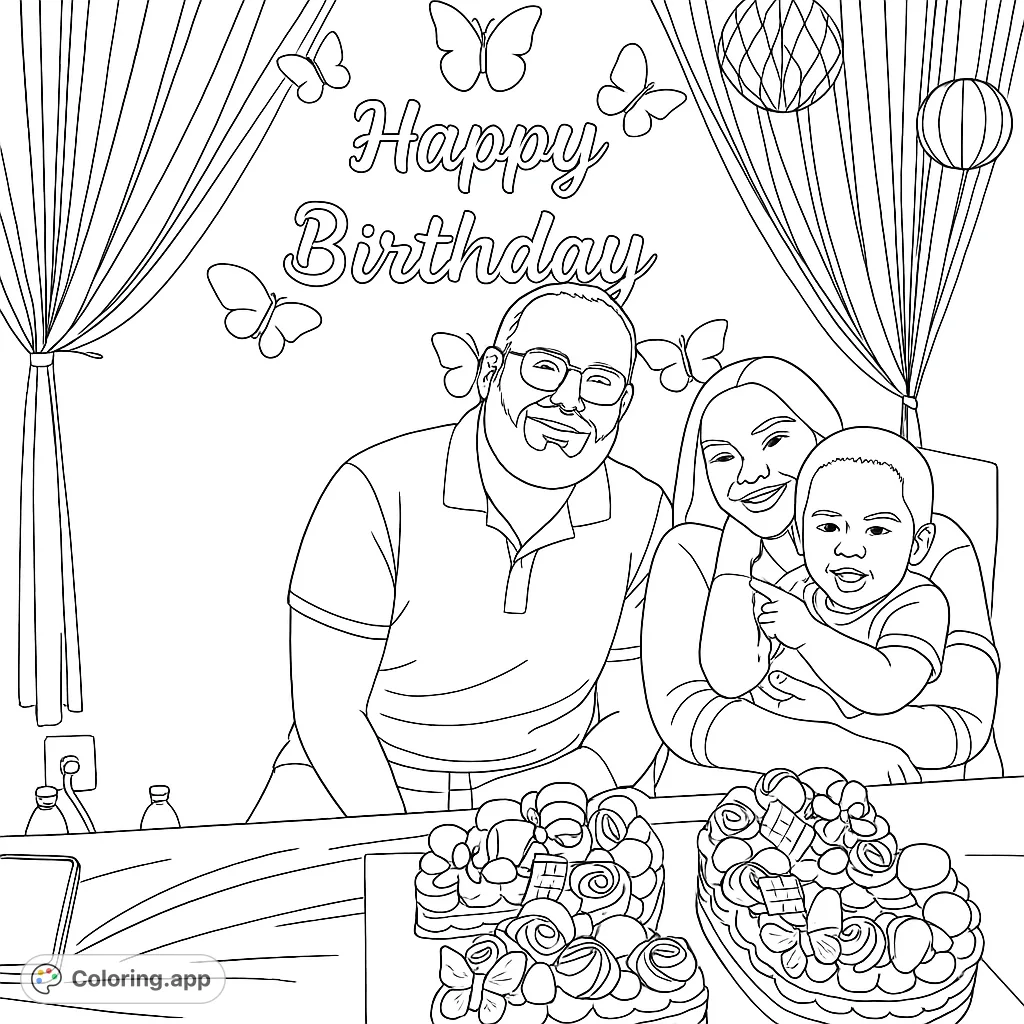 A joyful family celebrates a birthday with decorative cakes, festive butterfly decor, and shimmering curtains, ready for vibrant coloring fun.